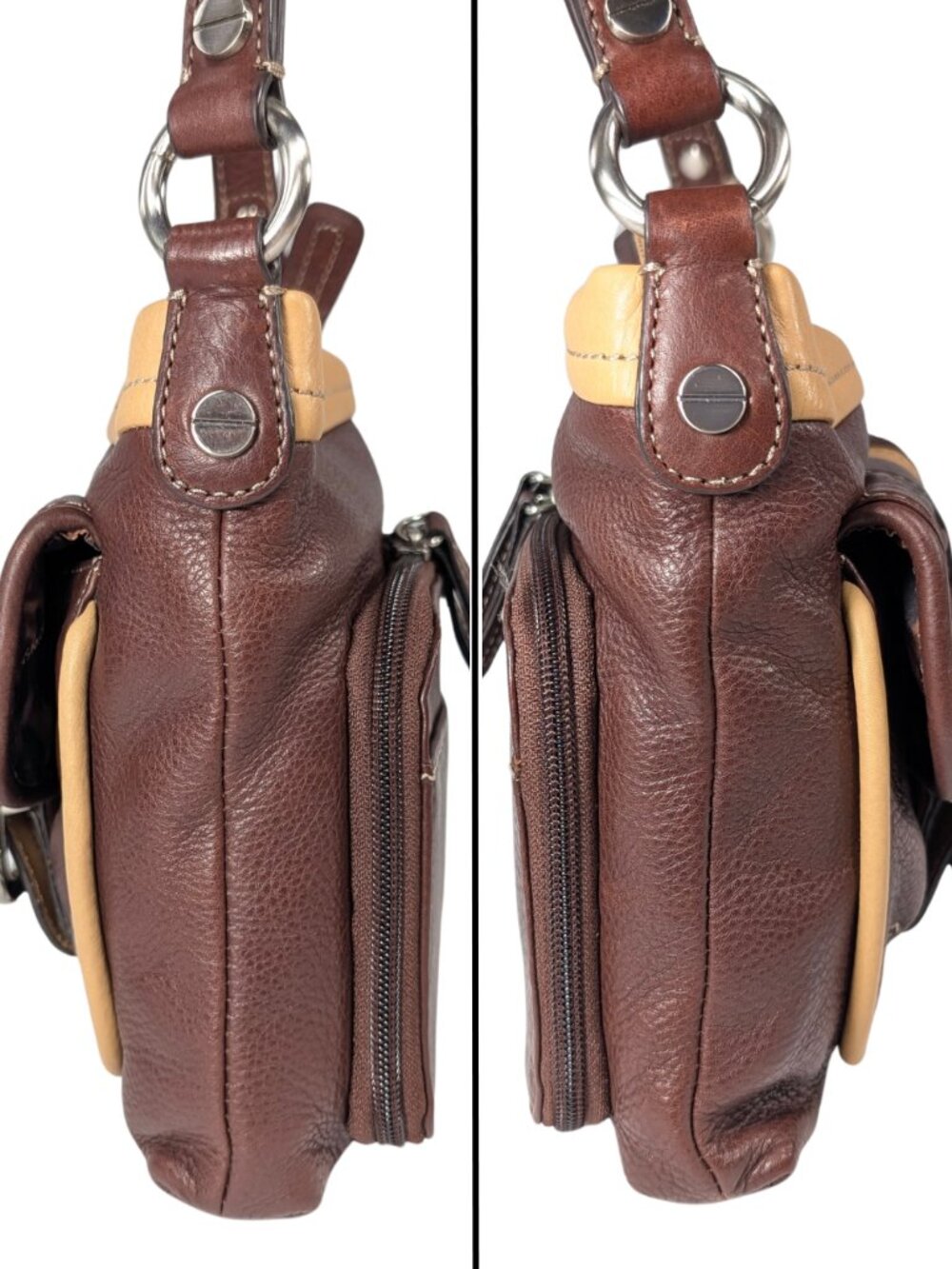 b.makowsky Brown Tan Leather Color Block Chunky Buckle Zip Crossbody w/Pockets - Picture 4 of 11